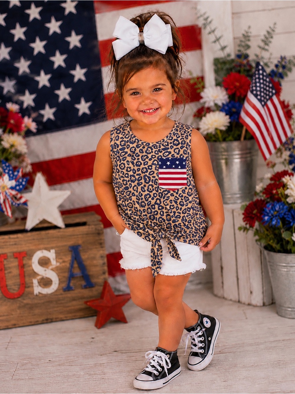 BRAND NEW WITH TAGS Girls Leopard Patriotic Pocket Tie Tank